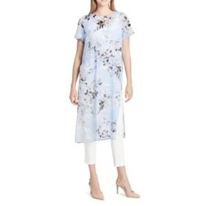 CALVIN‎ KLEIN Long Sleeve Career Blouse Tunic Top S  Sky  Blue Floral Print